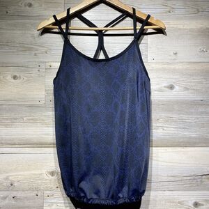 Athleta Bra Cup Tankini Swim Top Size 38B/C Blue Black Snakeskin Pattern Strappy